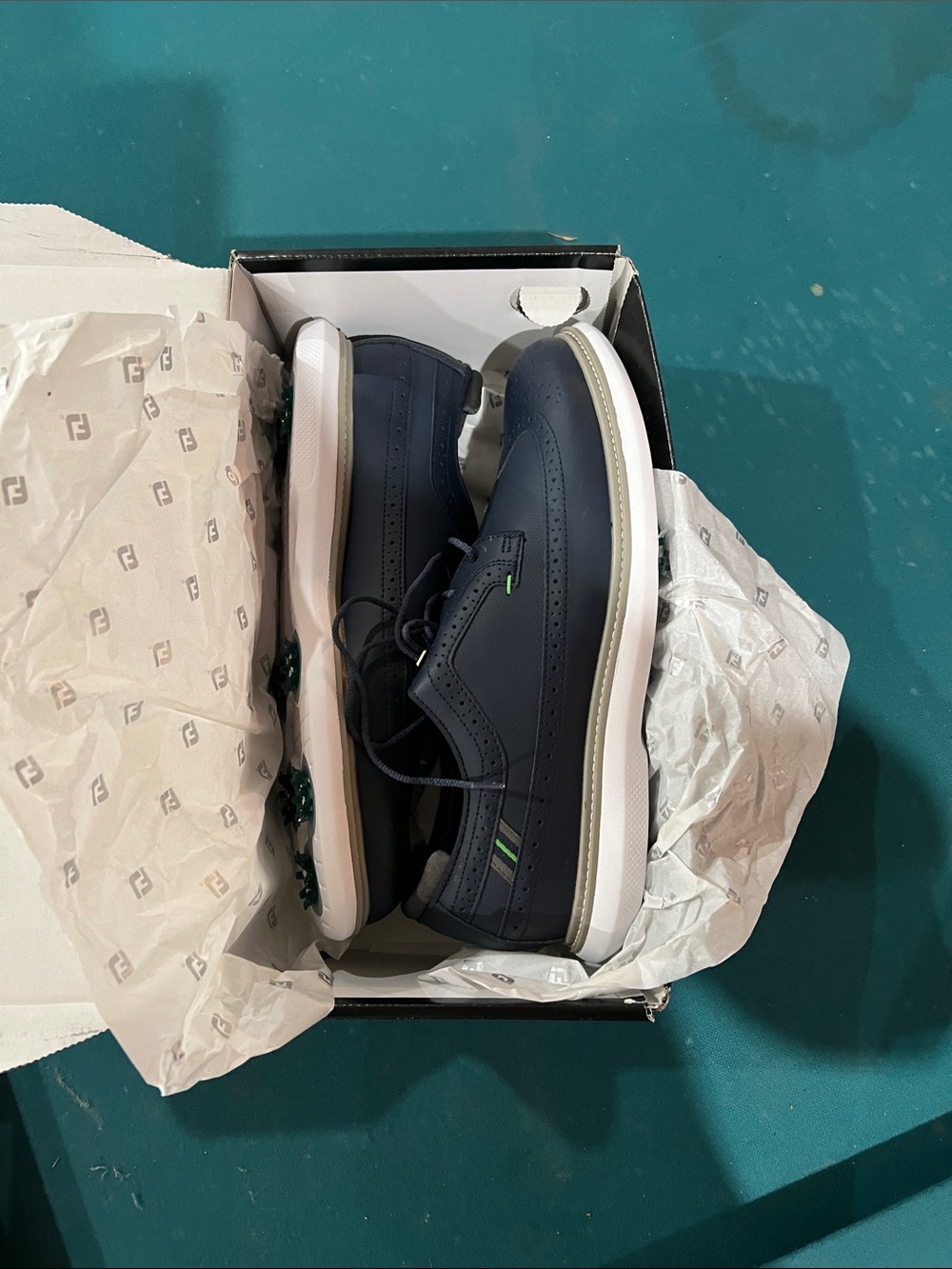 FootJoy Navy Leather Lace-Up Sneakers with White Sole and Green Trim